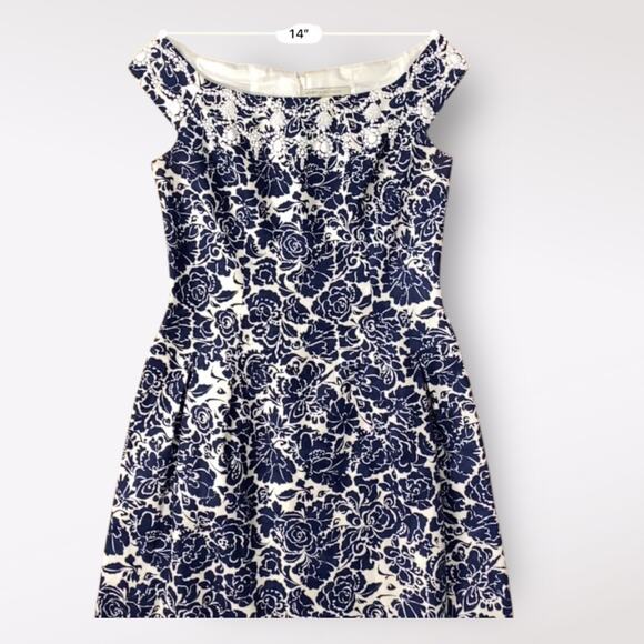 Carmen Marc Valvo Blue Floral Beaded Boatneck Linen  Mini Dress Size 8 Guest‎ - Picture 5 of 13